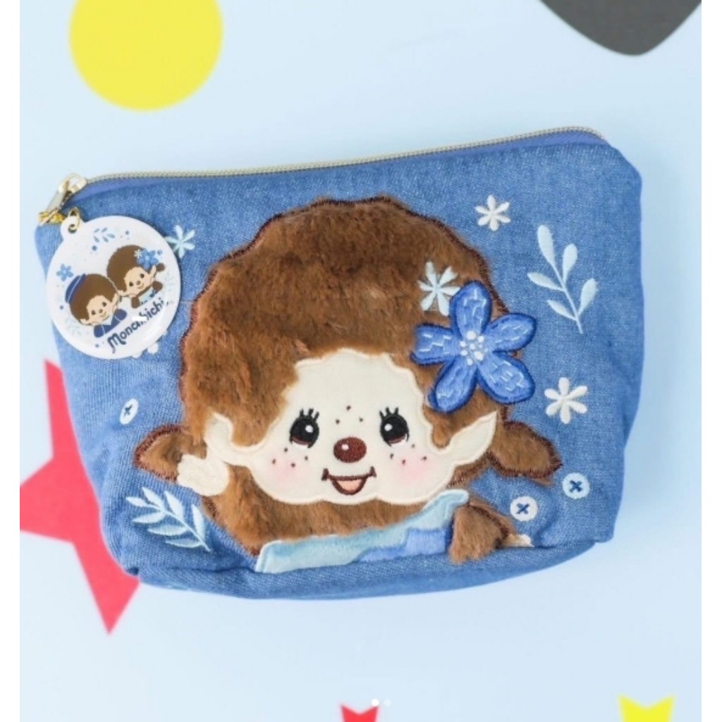 💙กระเป๋าใส่ของจุกจิกน้อง 🧸Monchhichi ลายปักประณีตวัสดุเป็นผ้ายีนส์ + ลายปัก 3D ด้านหน้า ขนาด 17×12×5 cm