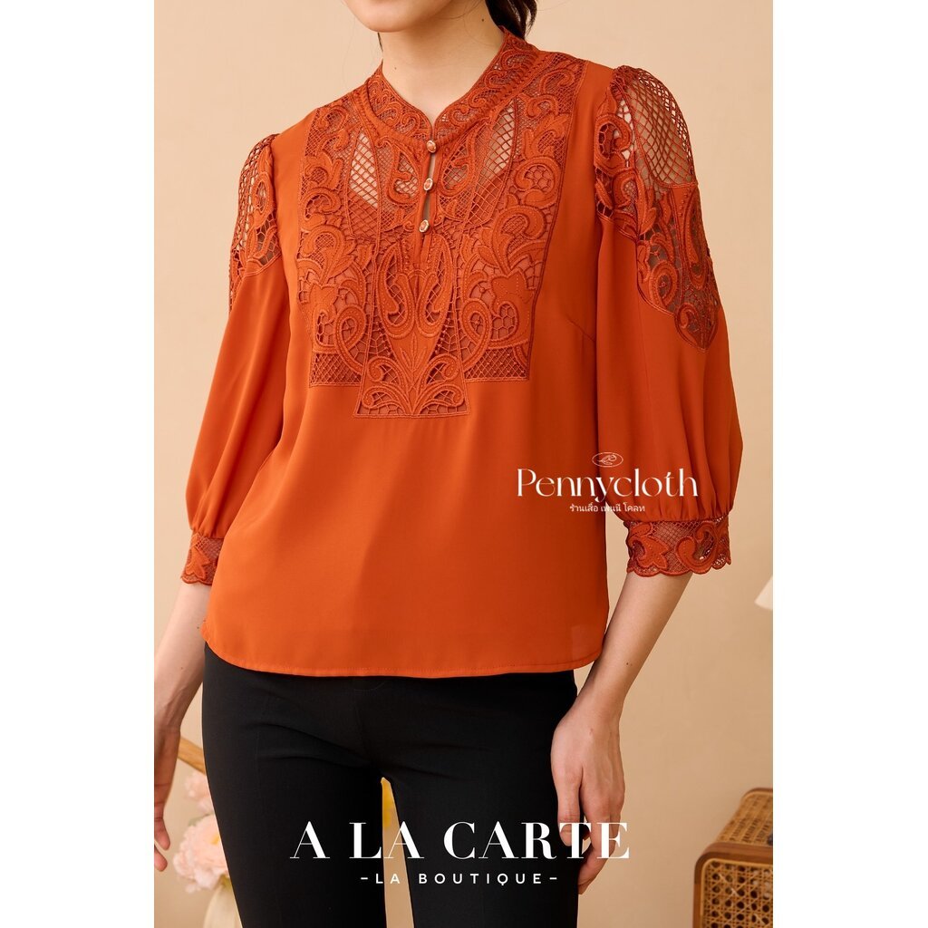 A La Carte รหัส 70045 เสื้อชีฟอง งานปักฉลุทอลูกไม้ คอจีนมีกระดุม มีซับใน แขน 3 ส่วน ผ้าเนื้อเย็นใส่สบาย - รูปที่ 5