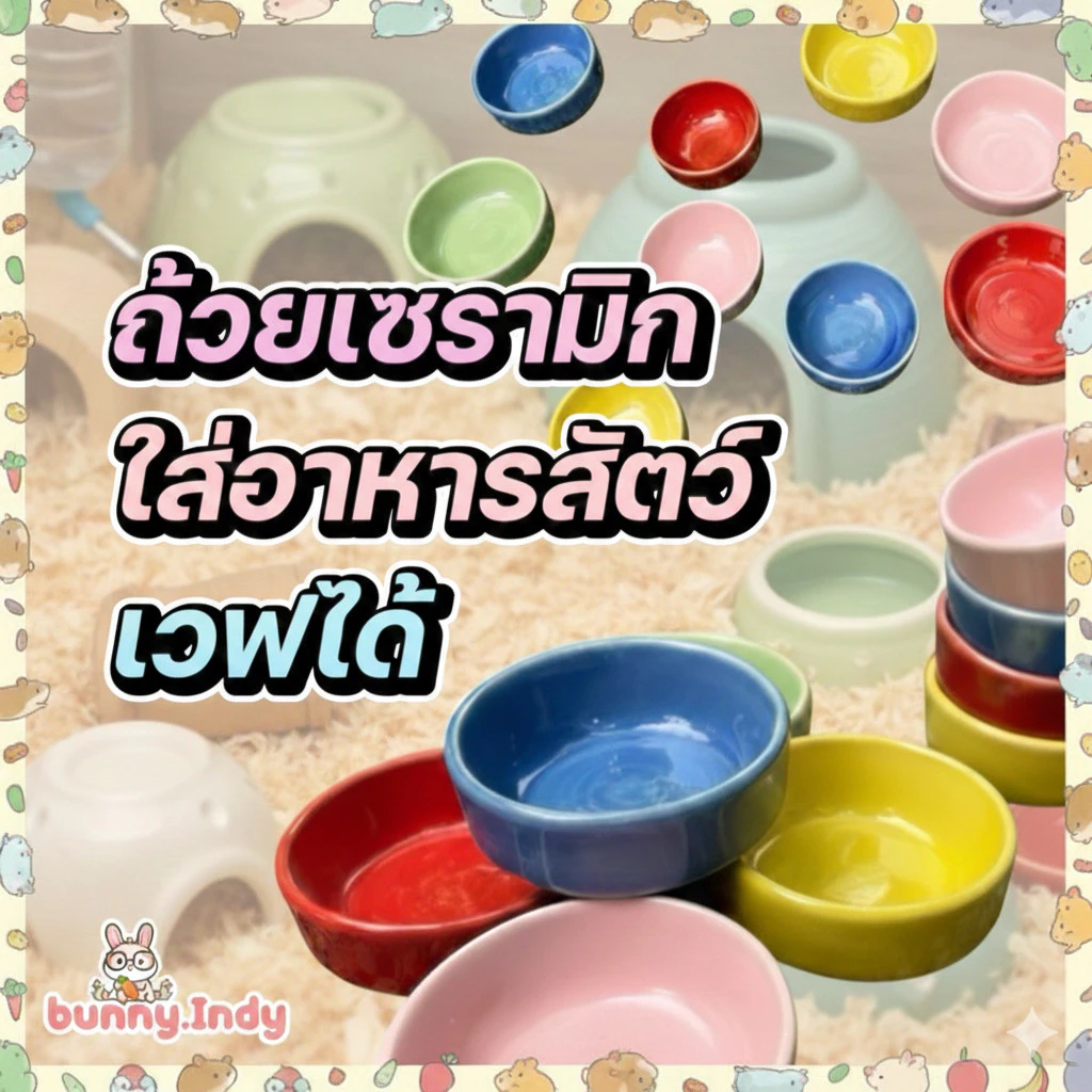 Bunny.indy ถ้วยใส่อาหารเซรามิก สำหรับสัตว์เลี้ยง สีสัน น่ารัก เวฟได้