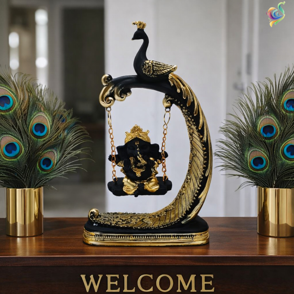 Black & Gold Peacock Swing พระพิฆเนศไอดอล – รูปปั้น Polyresin Ganpati ตกแต่งสําหรับวัดบ้าน ห้องนั่งเ