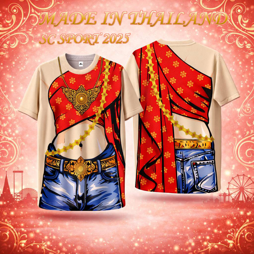 SC SPORTS เสื้อสงกรานต์ลายไทยสไบแดง รุ่นสายแซ่บ 3D ผ้าแห้งไว ใส่เล่นน้ำไม่อมน้ำ เสื้อทีมสงกรานต์