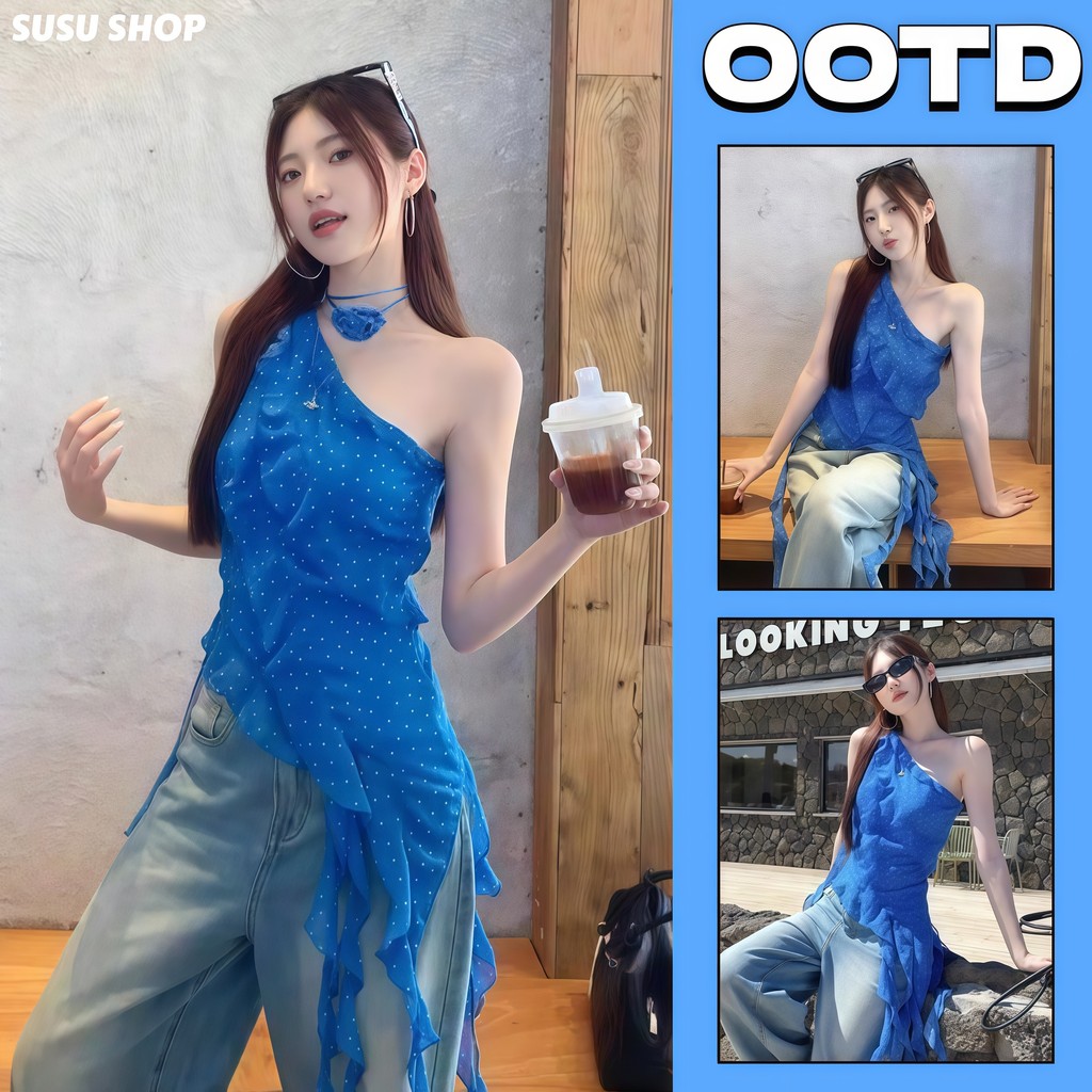 SuSu เสื้อเกาะไหล่ผู้หญิง สีฟ้าลายจุด พร้อมดีไซน์ผูกโบและขอบระบาย สไตล์เกาหลี"FY2908"