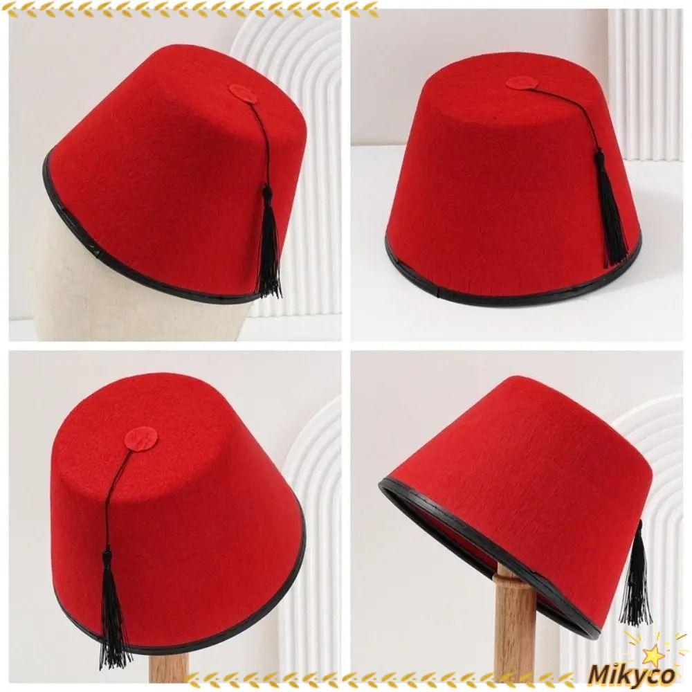 MIKYCO Fez Cap, Felt Breathable Tarboosh Fez Hat, แบบดั้งเดิมสีแดงสีรอบพู่หมวก Universal