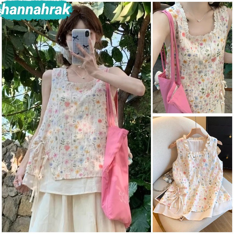 (ส่งจากกรุงเทพฯ)เสื้อฮาวาย เสื้อกล้ามผู้หญิง ขอบลูกไม้ คอสี่เหลี่ยม ผูกริบบิ้นด้านข้างปรับได้ สไตล์ญี่ปุ่น หลวมสบาย
