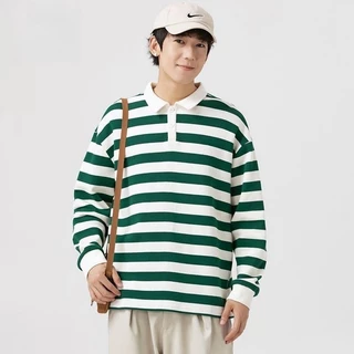 Chaistyle เสื้อผู้ชาย แขนยาวลายทาง เสื้อโปโลคอปก สีต่อ รุ่นคู่รัก