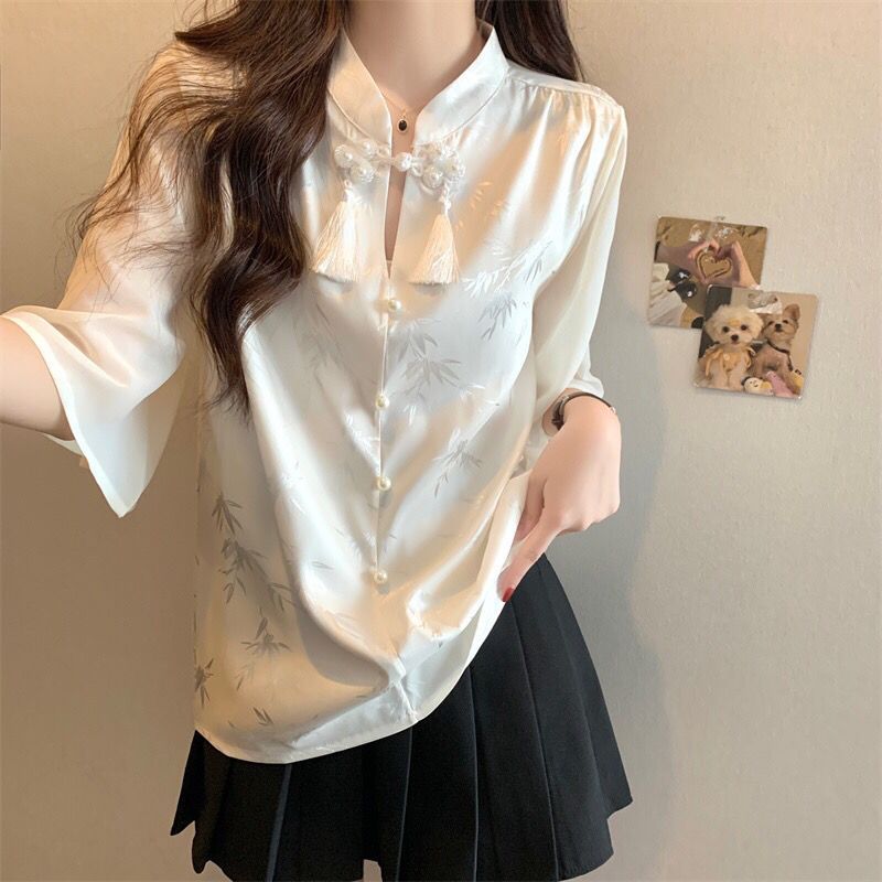 ใหม่สไตล์จีนอะซิเตท jacquard เสื้อเชิ้ตแขนสั้นฤดูร้อนใหม่ปุ่มจานขนาดใหญ่เสื้อชีฟองเสื้อตัวเล็ก