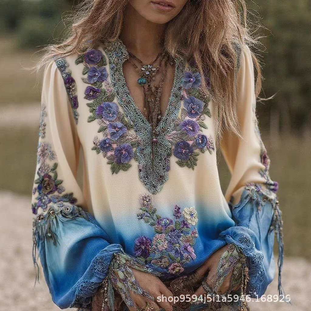 2026v คอ 3D พิมพ์ Retro Casual สุภาพสตรีเสื้อแขนยาว 2Y3