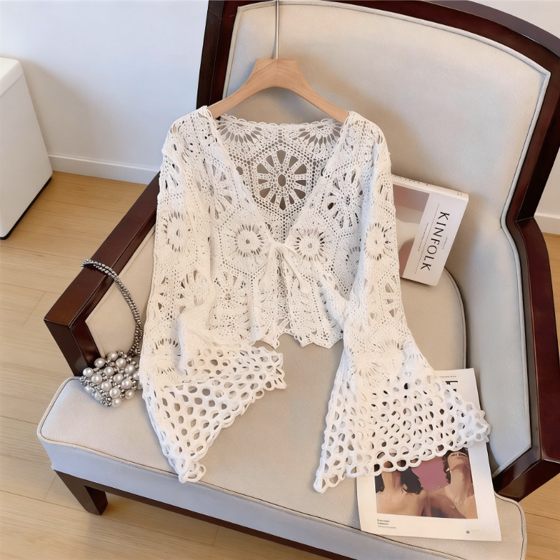 คาร์ดิแกนcrochetแขนยาวสไตล์โบฮีเมียนสำหรับผู้หญิง สบายๆเหมาะสำหรับการพักผ่อนที่ชายหาด