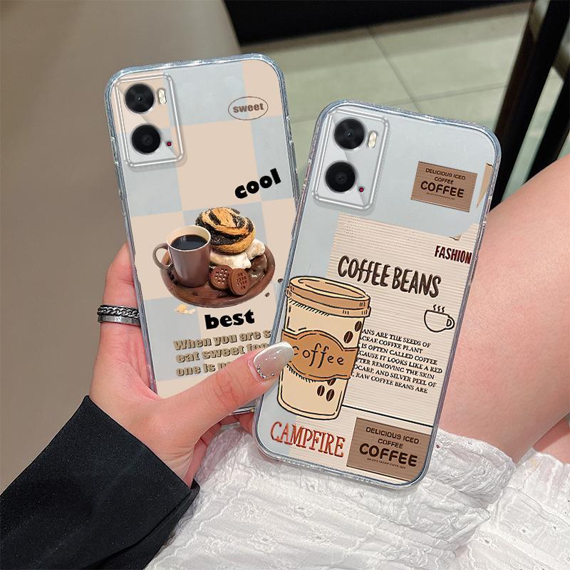 เข้ากันได้กับ OPPO A76 A96,Realme 9i เคสโทรศัพท์ Coffee Series TPU เคสโทรศัพท์โปร่งใสนุ่ม