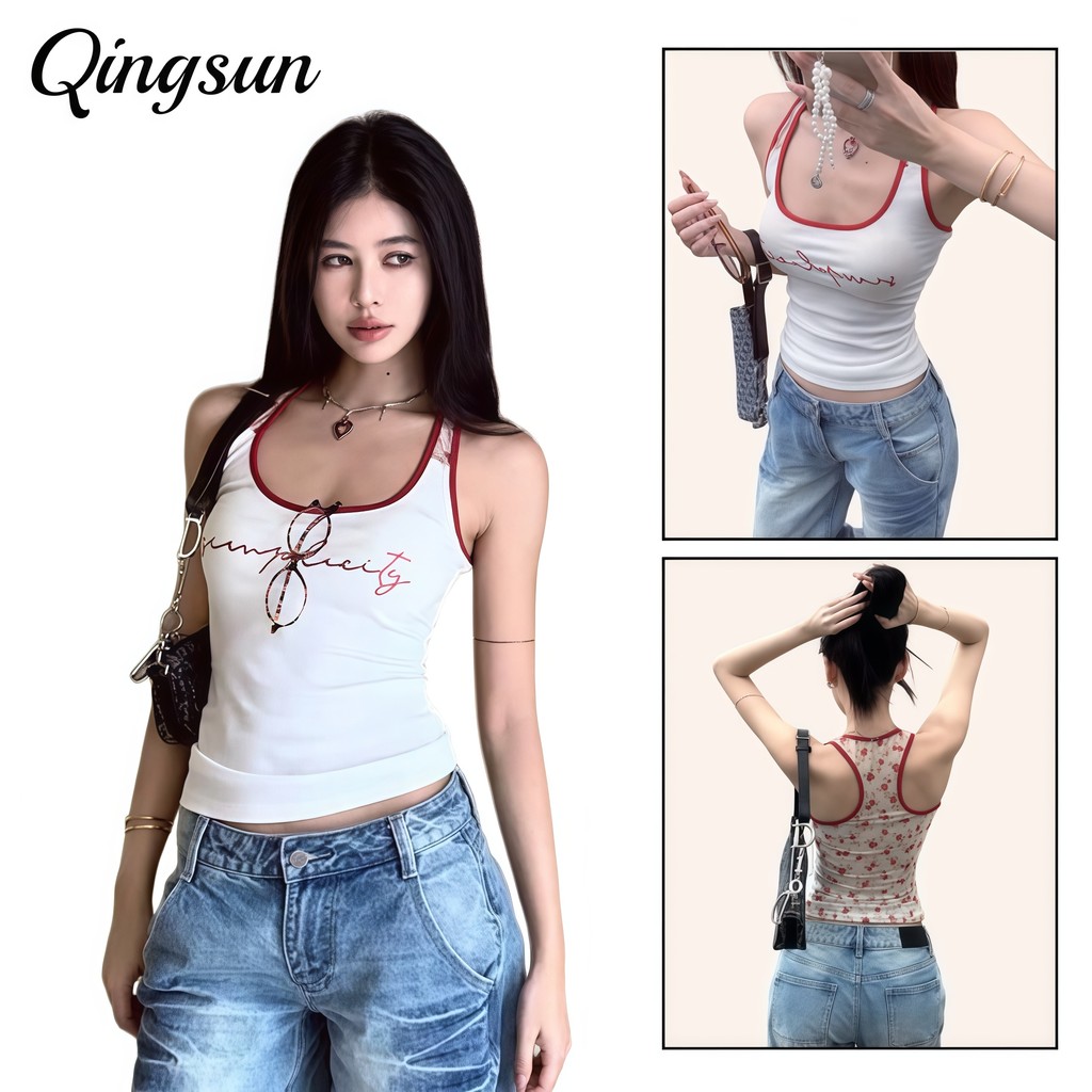 Qingsun เสื้อสายเดี่ยวผู้หญิงลายตัวอักษรแฟชั่น เข้ารูป ดีไซน์ลวดลายด้านหลัง สไตล์เกาหลีหวาน "FY3001"-0