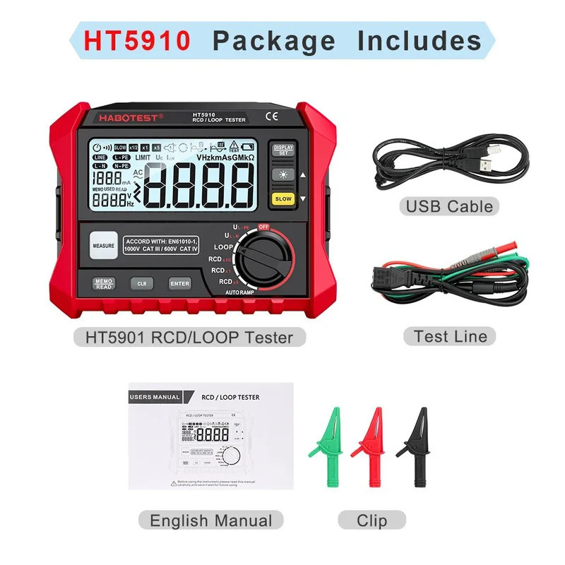 4.7 นิ้วขนาดใหญ่ LCD Digital Resistance Meter HT5910 HT2302 RCD/Loop เครื่องทดสอบ 1000 ข้อมูลเก็บ 0 