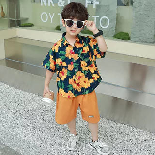 ชุดเด็กผู้ชายแฟชั่น เสื้อเชิ้ตลายดอก + กางกางขาสั้น ลุคเท่ สไตล์ฮ่องกงวินเทจ