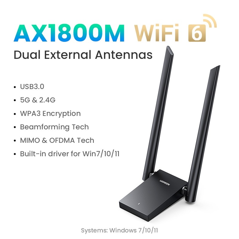 UGREEN AX1800 อะแดปเตอร์ WiFi WiFi6 เสาอากาศคู่ USB3.0 5G & 2.4G Dual-band Ethernet Receiver การ์ดเค
