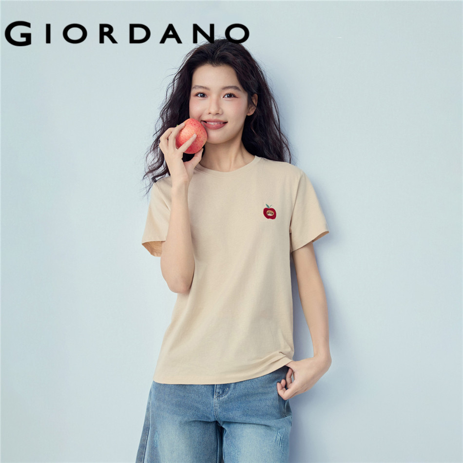 GIORDANO WOMEN Apple cat embroidery short sleeve cotton tee 13326303