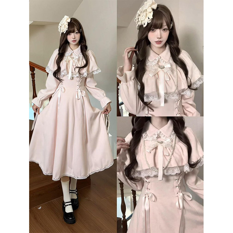 ชุด Lolita สไตล์ญี่ปุ่นสีชมพูหวานมีโบว์ปลอมพร้อมผ้าคลุมไหล่สำหรับหญิงในฤดูใบไม้ผลิ