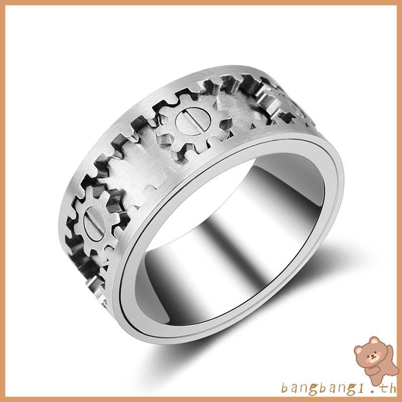 Bangb Men s แหวนหมุนหมุนสแตนเลส Mens Gear Ring สีเงิน