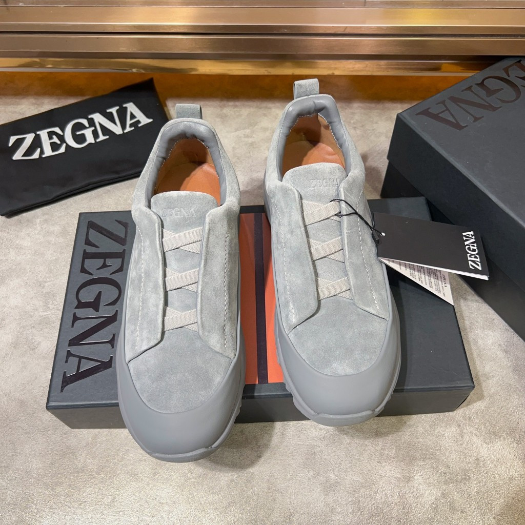 ZEGNA รองเท้าผ้าใบลําลองพื้นหนาหนังวัวฝ้าสําหรับผู้ชาย