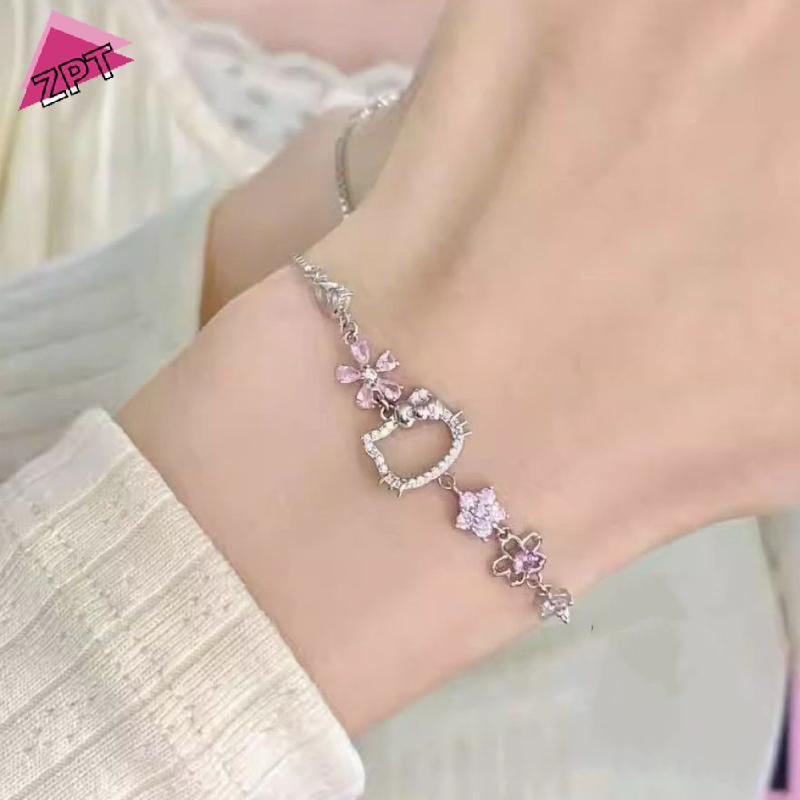 สร้อยข้อมือ Sanrio Hello Kitty ลายเพชรสีชมพูและเชอร์รี่บลอสซอม สร้อยข้อมือแฟชั่นปรับขนาดได้ เป็นของขวัญที่สวยงาม ราคา ถูกที่สุด ดีลบีเคเค แกลเลอรีภาพที่ 7