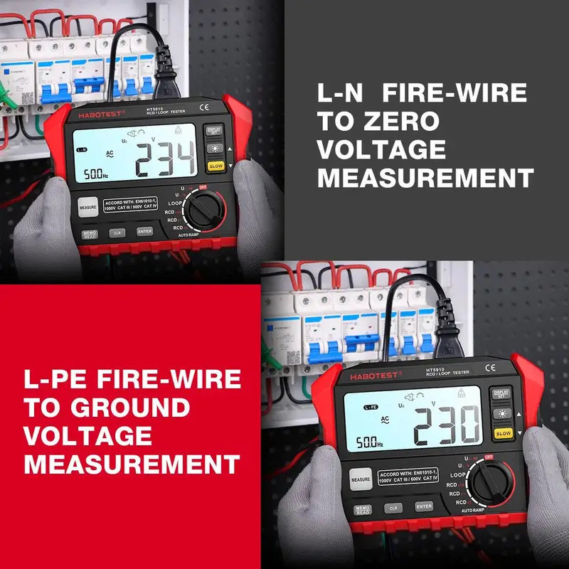 HABOTEST HT5910 เครื่องทดสอบสวิตช์รั่ว LCD Digital Resistance Meter RCD/Loop Tester 1000 Data Storag