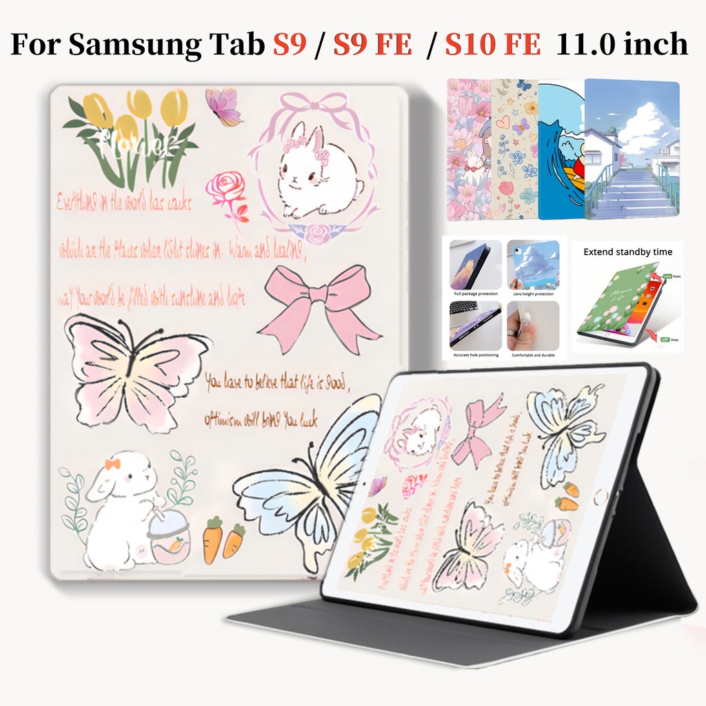น่ารักกระต่ายพิมพ์หนังสือสไตล์สําหรับ SAMSUNG Galaxy Tab S9 FE S10 FE 10.911.0 PU หนังฝาครอบ SM-X520