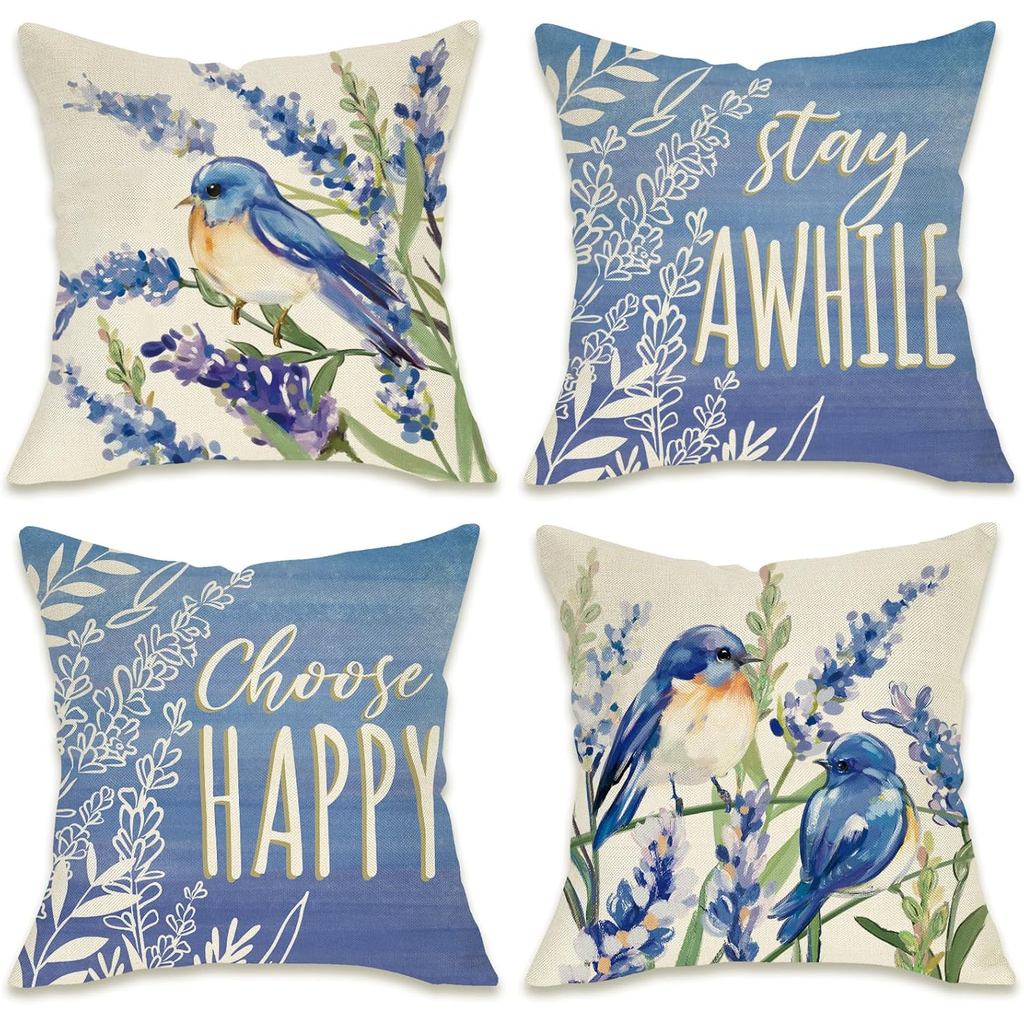 Farendom Hello Spring Bluebird ตกแต่งโยนหมอนครอบคลุม 18 x 18 ชุด 4, ดอกไม้ลาเวนเดอร์ Stay Awhile Por