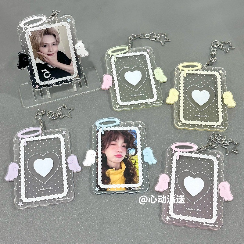 3นิ้วใสอะคริลิแองเจิลปีก เคป๊อป โฟโต้การ์ด ผู้ถือภาพผู้ถือบัตรกระเป๋าจี้โรงเรียนเครื่องเขียน