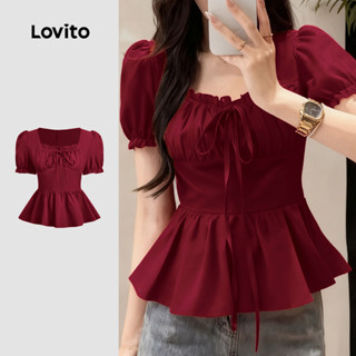 Lovito เสื้อเชิ้ตธรรมดาเคลือบผ้ากุ๊นผักกาด จับคู่ผูกหน้า สีแ…