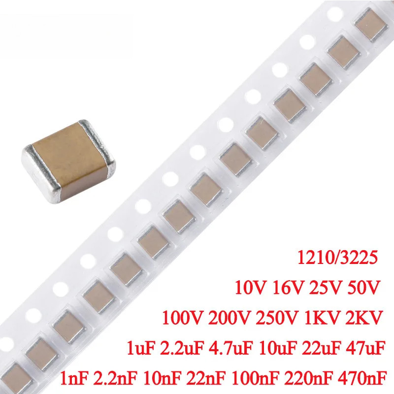 10pcs 3225 1210 SMD ตัวเก็บประจุเซรามิก 1nF 2.2nF 10nF 22nF 100nF 220nF 470nF 1uF 2.2uF 4.7uF 10uF 2