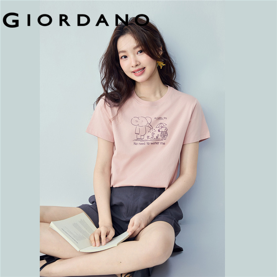 Giordano WOMEN เสื้อยืดแขนสั้นพิมพ์ลายช้าง Cotton 100% 13394204