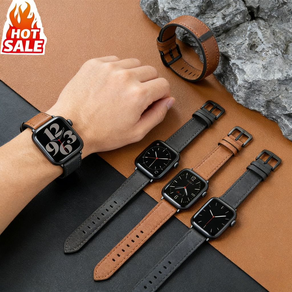 สายนาฬิกาหนังลูกวัวใหม่เข้ากันได้กับ apple Watch series 11 10 9 8 7 6 Se
