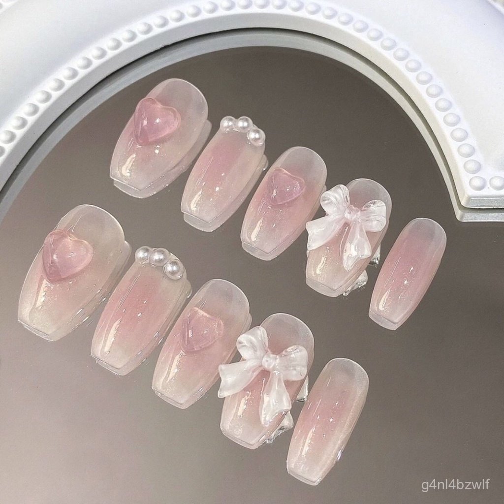Cute Pink Sweet Princess Removable Handmade Wear Nail Art Y2K Vitality Girl Short Fake Nails Blush B