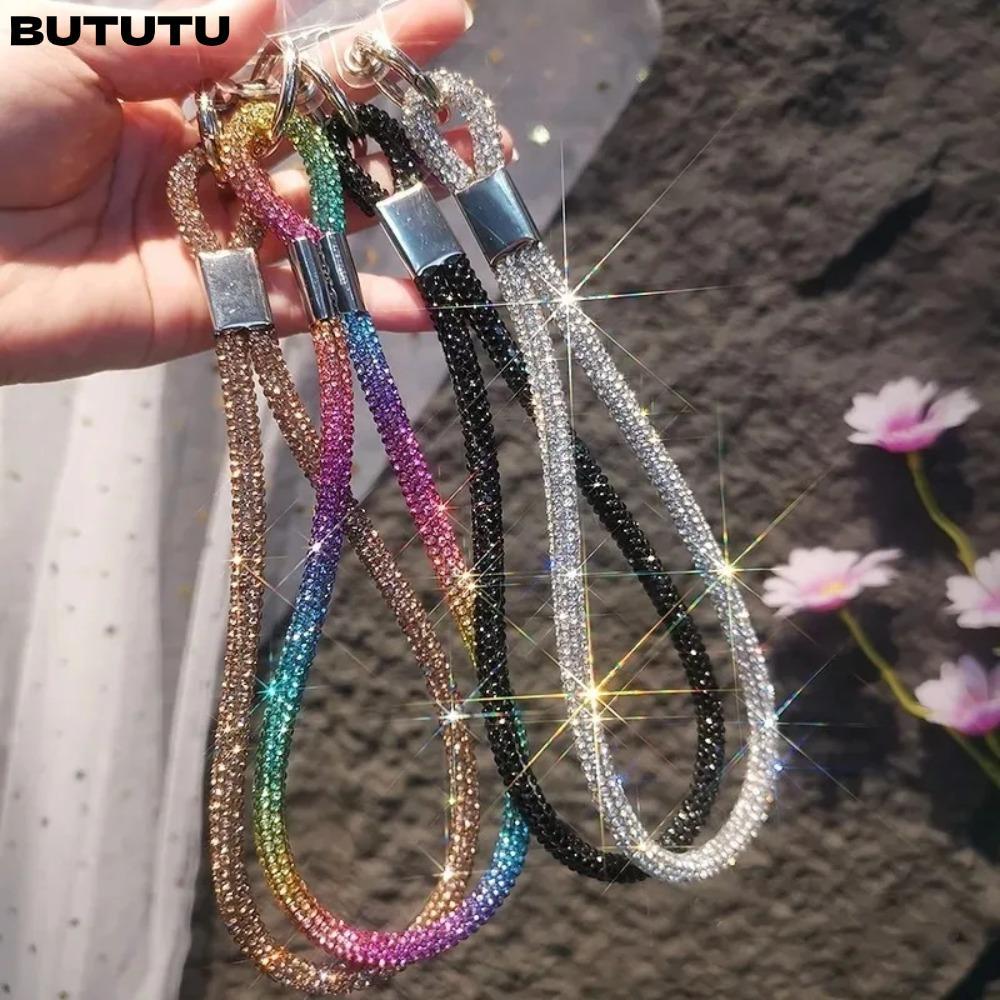 BUTU สายรัดข้อมือโทรศัพท์, แฟลชเชือกเส้นเล็กโทรศัพท์ Rhinestone ที่สดใส, หรูหรา Glitter Bling เพชรคริสตัลพวงกุญแจอุปกรณ์เสริมโทรศัพท์