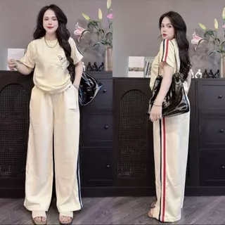 ชุดเซ็ต 2 ชิ้น งานปักน้องหมา แต่งแถบข้าง คอกลม มีกระเป๋าเสื้อ S329 ผ้าวูลเวฟ กางเกงขายาว เอวยางยืด มีกระเป๋าข้างใส่สบาย