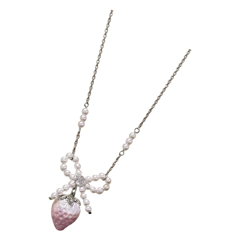Crazy Strawberry Bowknot Pendant Necklace Glossy Pearls Detailing Collarbone Chain