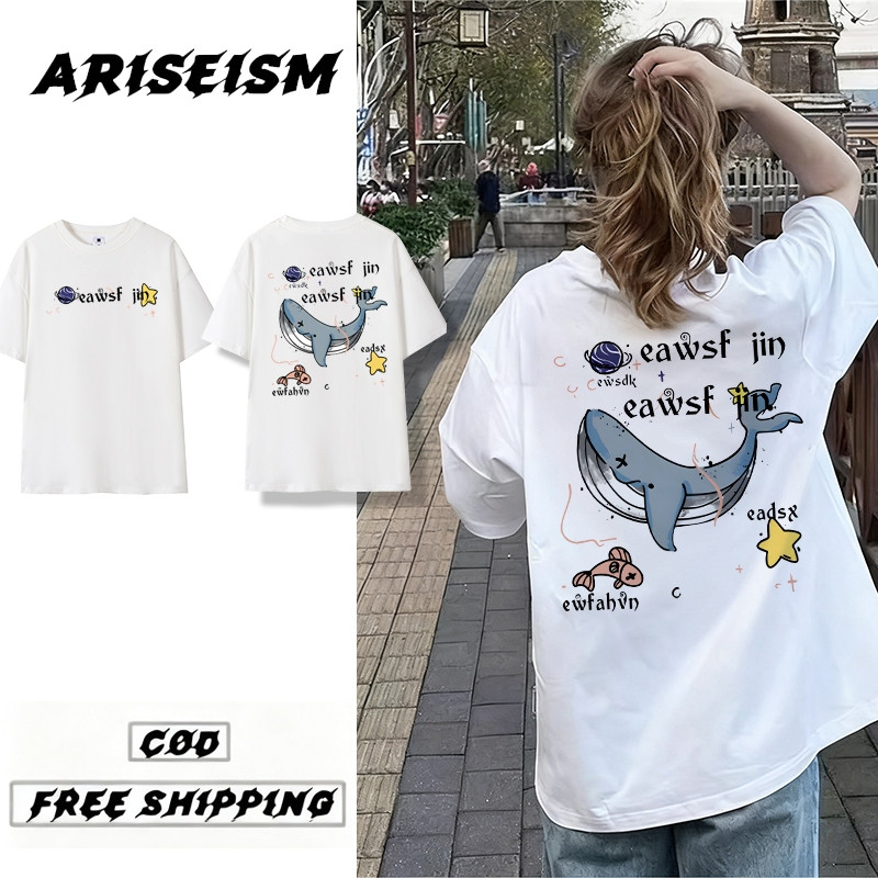 เสื้อยืดสำหรับผู้หญิง วัสดุคอตตอนอเมริกัน พริ้นท์สร้างสรรค์โลโก้วาฬ รหัส 86K0