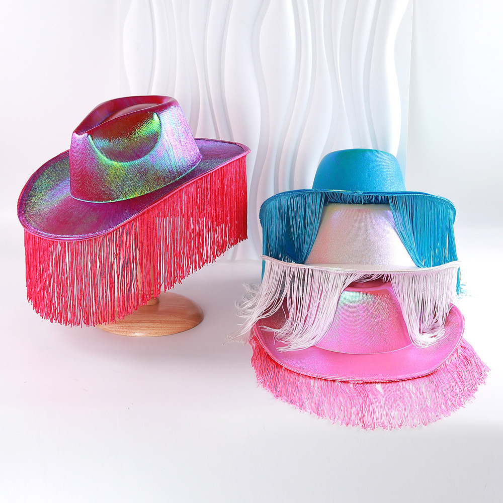 Festive Party Colorful Fluorescent Tassel Rainbow Cowboy Hat Laser Hat Western Pearlescent Cowboy Ha
