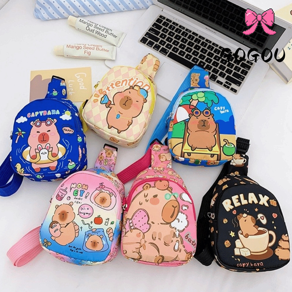 GOGOU Capybara กระเป๋าคาดหน้าอก แบบน้ำหนักเบาที่มีซิป พร้อมการออกแบบสัตว์การ์ตูนน่ารักสำหรับเด็กอนุบาล