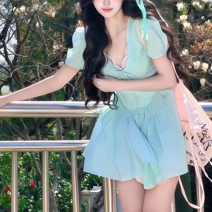 ชุดผู้หญิงสไตล์ใหม่จากฝรั่งเศส Pure Desire Mint Mambo สีเขียว แบบ A-line คอปอมทรง V แขนยาว ไซส์เล็ก 