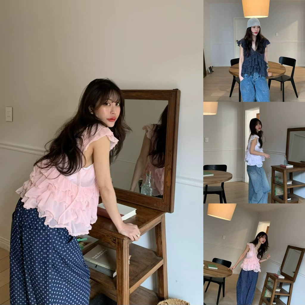 ตอนนี้ 2025 Summer Korean Designer ber * ha Desire Style Ruffled Vneck Sleeve Top