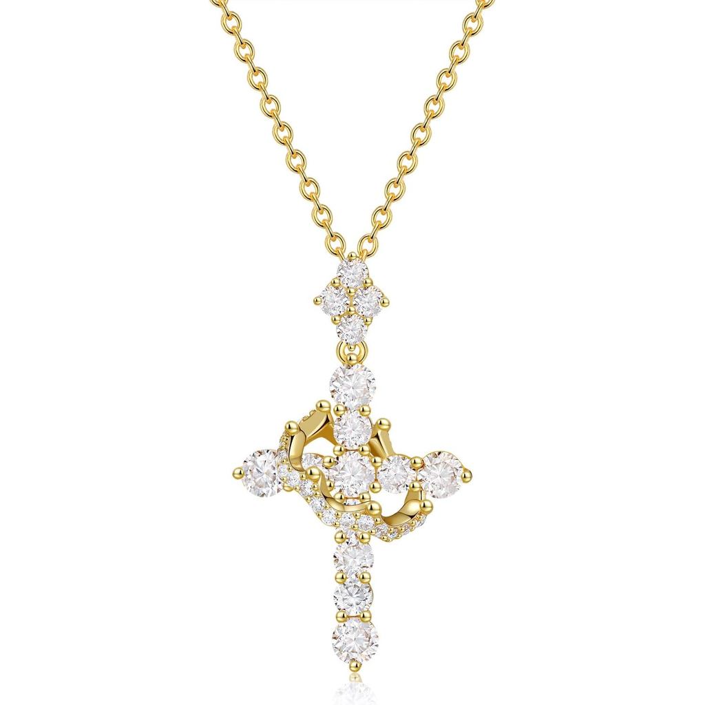 YIMERAIRE อัพเกรด Moissanite Crown CROSS สร้อยคอ 14K Gold Vermilion 1.1 กะรัตประณีตคริสตัลน้ําแข็งคร