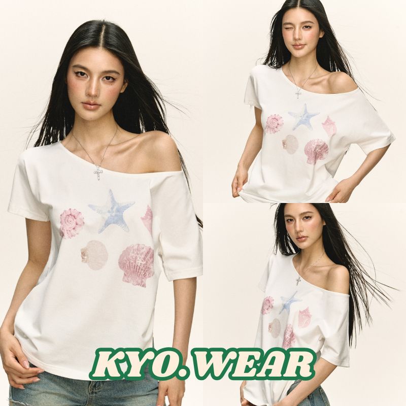 KYO 🌸 เกาหลีสไตล์ เสื้อปาดไหล่ ผู้หญิง พิมพ์ลาย "Starfish shell" OVERSIZE ผ้าCOTTON โคตรนุ่ม เสือใส่สบาย【COD】
