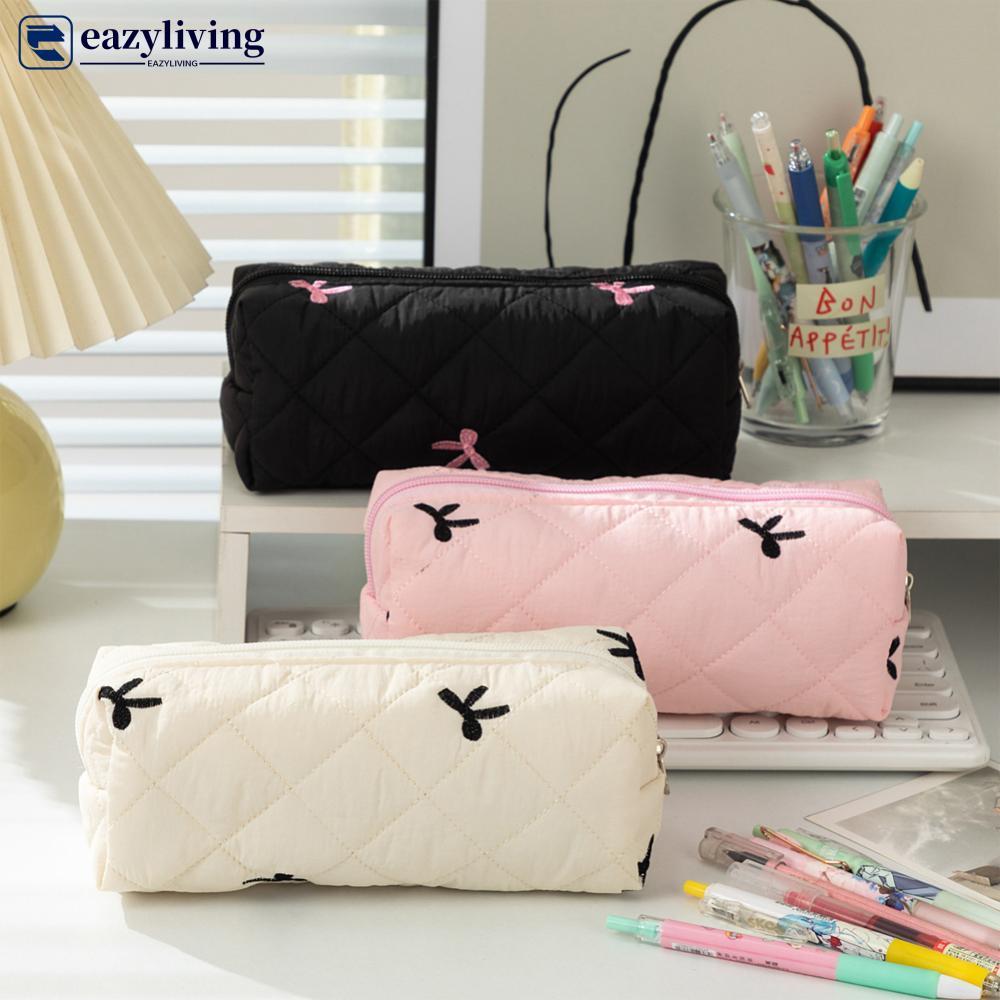 EAZYLIVING 1 PC Simple Bowknot กระเป๋าดินสอขนาดใหญ่ความจุผ้านวมสดเครื่องเขียนกระเป๋าสําหรับสาวแต่งหน