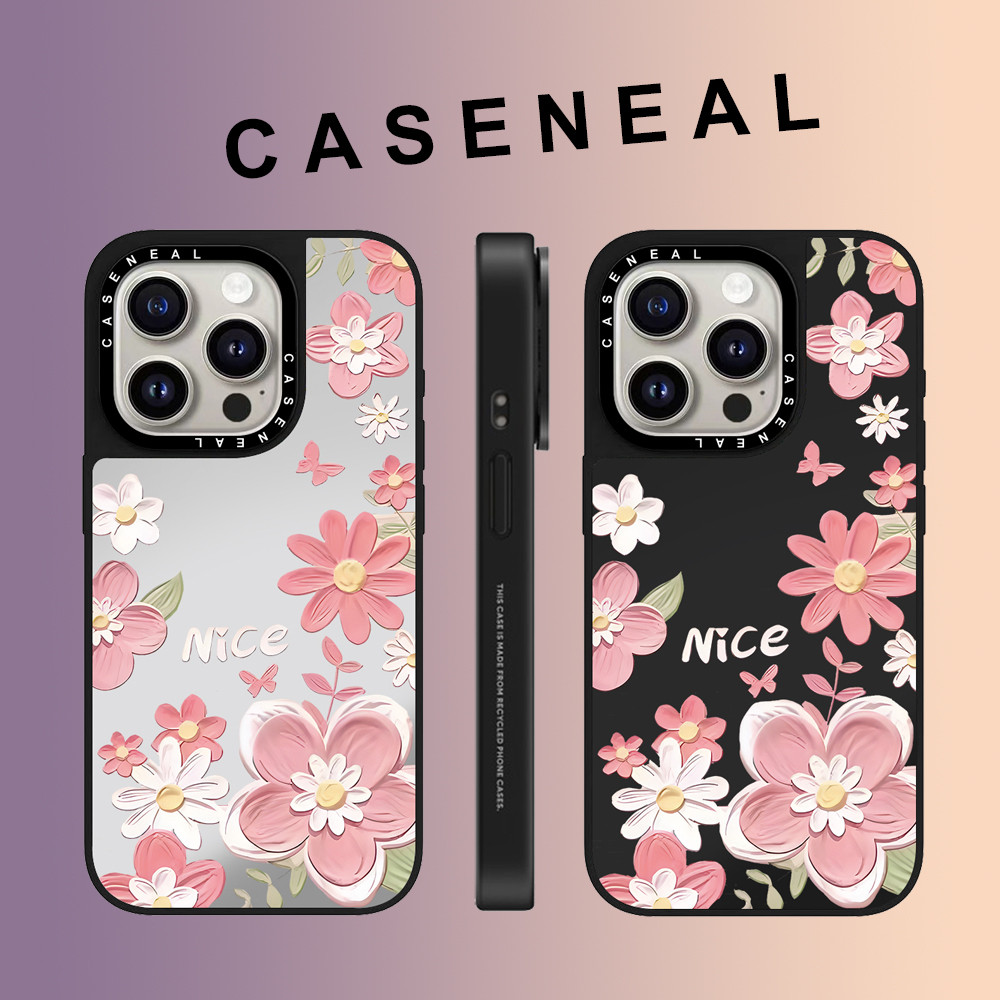 CASENEAL ดีเซอร์ราวด์ดอกไม้สีชมพูกระจกใบหน้าโปร่งใสเคสโทรศัพท์สําหรับiPhone 17 Pro Max 16 ProMax 15Pro 14 Plus 13 12 11 โทรศัพท์กันกระแทกขอบนุ่มฮาร์ดป้องกันกรณี