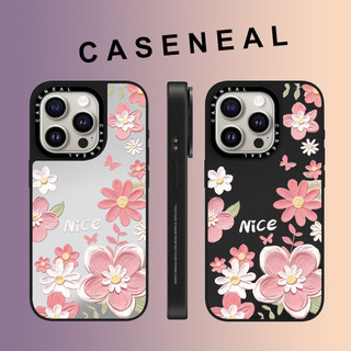 CASENEAL ดีเซอร์ราวด์ดอกไม้สีชมพูกระจกใบหน้าโปร่งใสเคสโทรศัพท์สําหรับiPhone 17 Pro Max 16 ProMax 15Pro 14 Plus 13 12 11 โทรศัพท์กันกระแทกขอบนุ่มฮาร์ดป้องกันกรณี