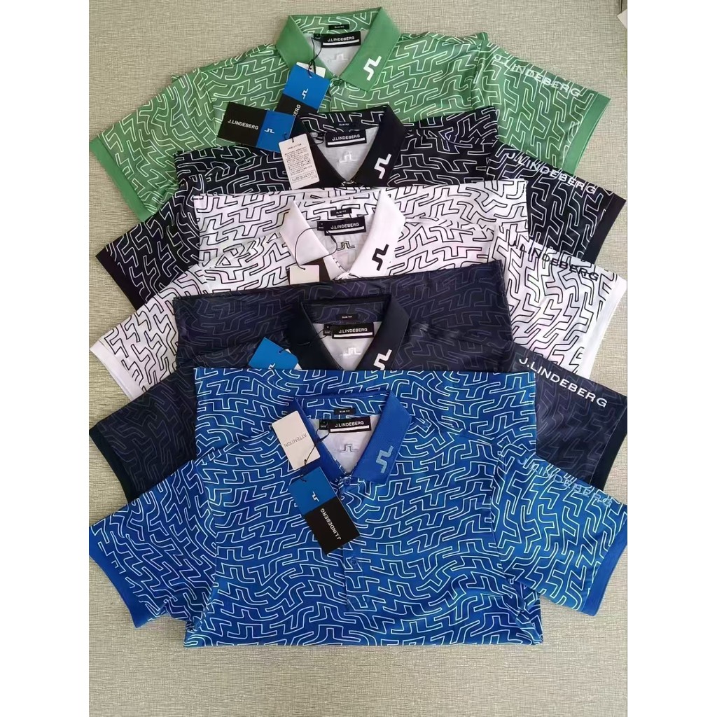 J.LINDEBERG สไตล์ใหม่ฤดูร้อน เสื้อกอล์ฟพิมพ์ลายตารางสำหรับผู้ชาย แห้งไว