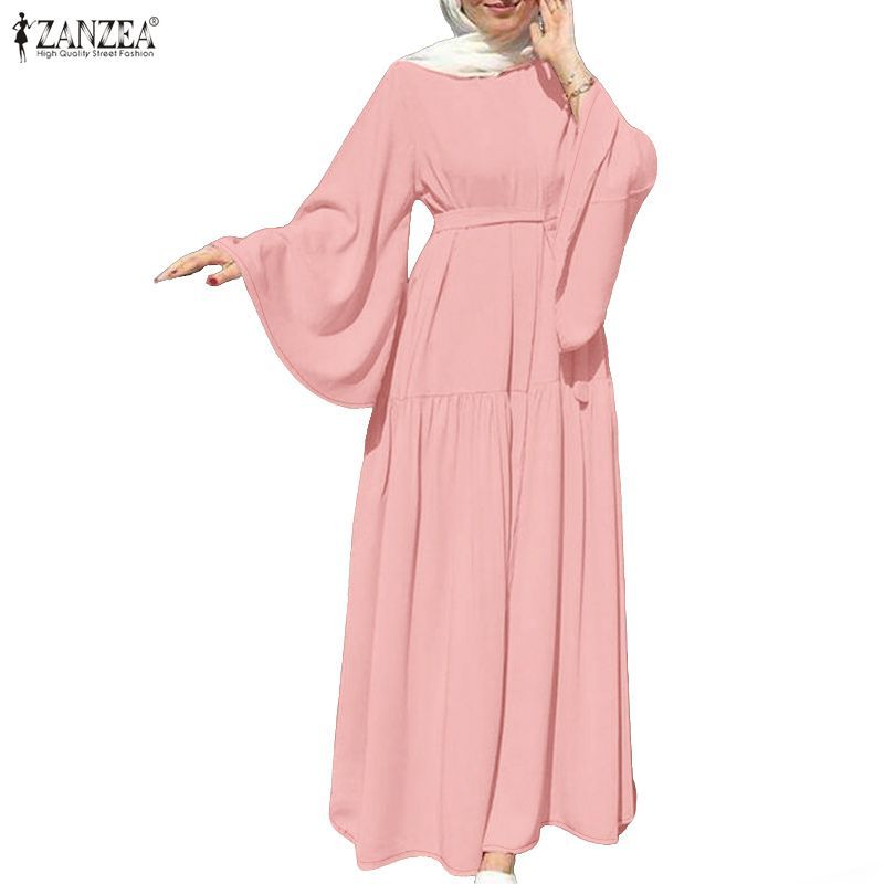 ZANZEA ผู้หญิงมุสลิมอิสลาม Dignified รอบคอ Flare Sleeve หลวม Layered Splicing Ruffles Hem ชุด