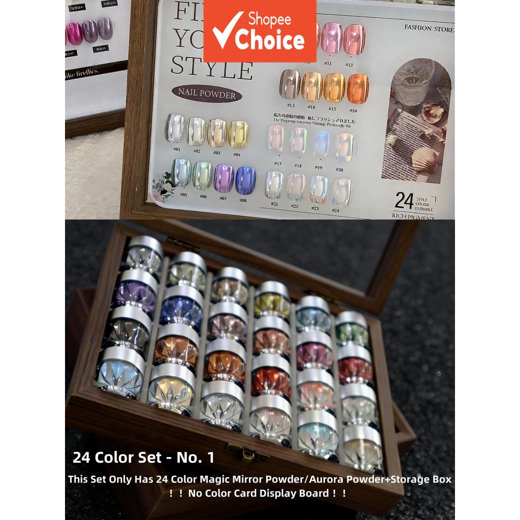 ผงกระจกวิเศษ 24 ชิ้น สีสดใส 24 สี สําหรับตกแต่งเล็บ DIY พร้อมกล่องเก็บ (ไม่มีตัวอย่างสี)
