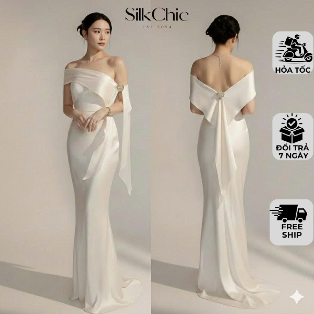ชุดเดรสปาร์ตี้ผ้าไหมแม็กซี่คัพพร้อมผ้าคลุมไหล่แท็กโบว์หรูหรา NV811 ชุดเดรสผ้าไหมหรูหราหลายสไตล์