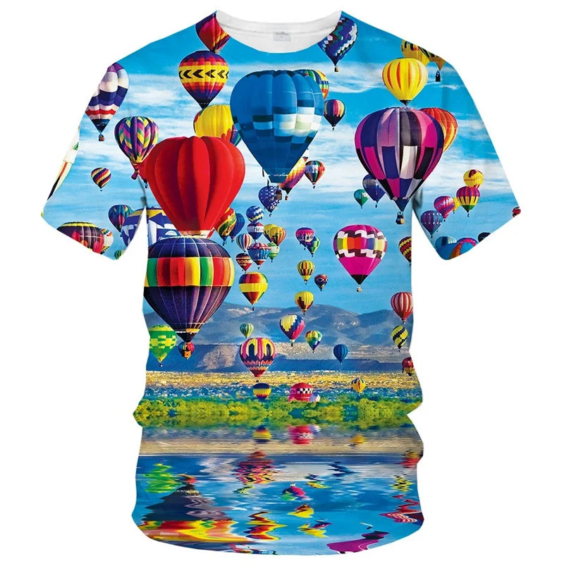 Hot Air บอลลูนเสื้อยืดสําหรับชายแฟชั่น 3D พิมพ์แขนสั้นเสื้อยืดสบายๆรอบคอ Tops Street Tees ผู้หญิงเสื