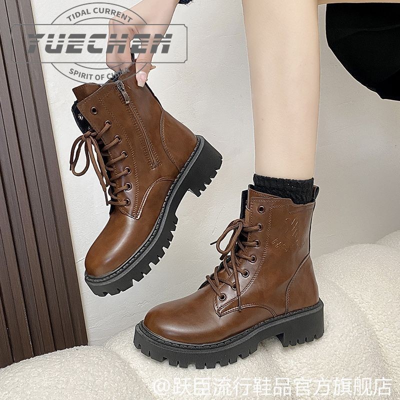 Yuechen Martin Boots รองเท้าบูทสตรีบางอังกฤษรองเท้าเดี่ยว Retro Brown Martin Boots Mid-tube